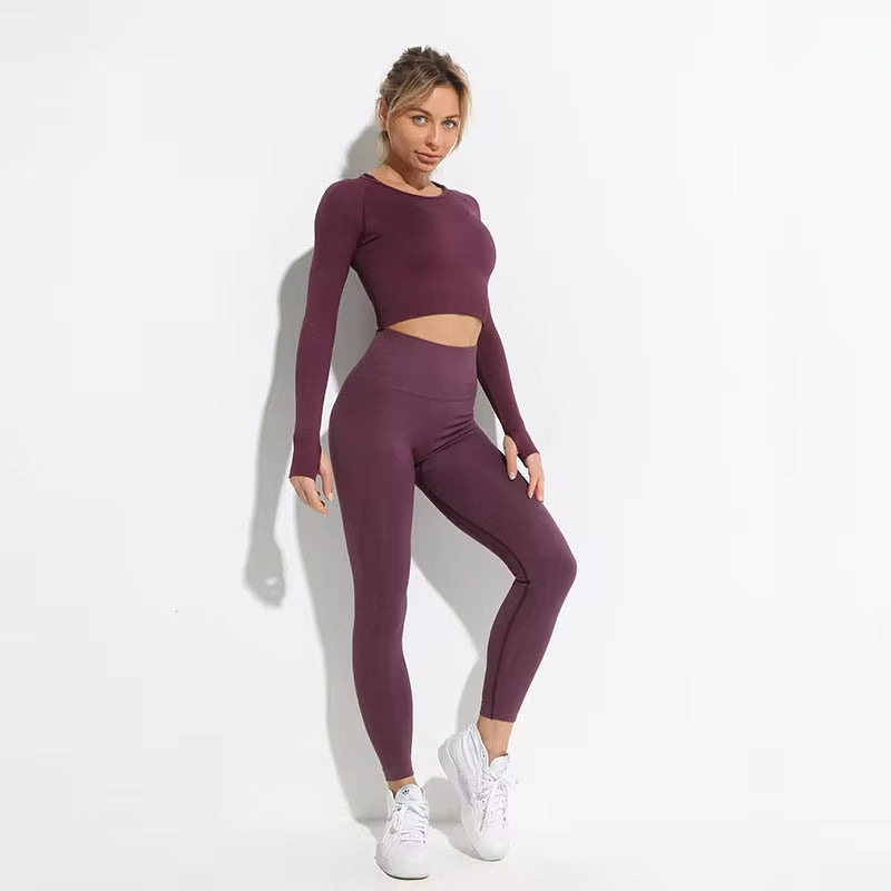 2Pcs Seamless Hyperflex Workout Sport Outfits for Women Sportswear Athletic Clothes Gym Long Sleeve Crop Top High Waist Leggings